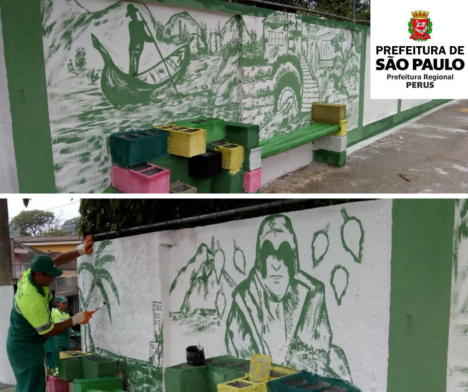 Muro da Escola Municipal Cândido Portinari, com fundo branco e em verde desenho de homem remando barca no rio em direção a uma ponte com construções de casas em cima. Exitem tijolos coloridos na frente do muro. Na segunda foto está um funcionário da subprefeitura fazendo a pintura no muro, ele desenha uma palmeira e mais à frente esta desenhado a figura de um homem encapuzado.